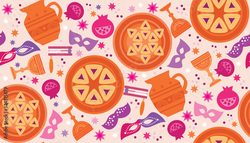 Purim - holiday  jewish carnival  seamless pattern   Carnival mask, Hamantashen, confetti, clown, garland, hat, firework,  Purim Jewish festival concept  Vector festive illustration
