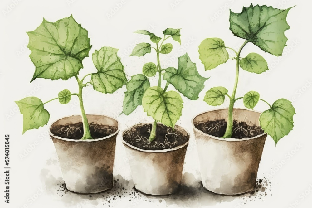 Cucumber seedlings in pots. Generative AI Cucumber seedlings in pots. Generative AI