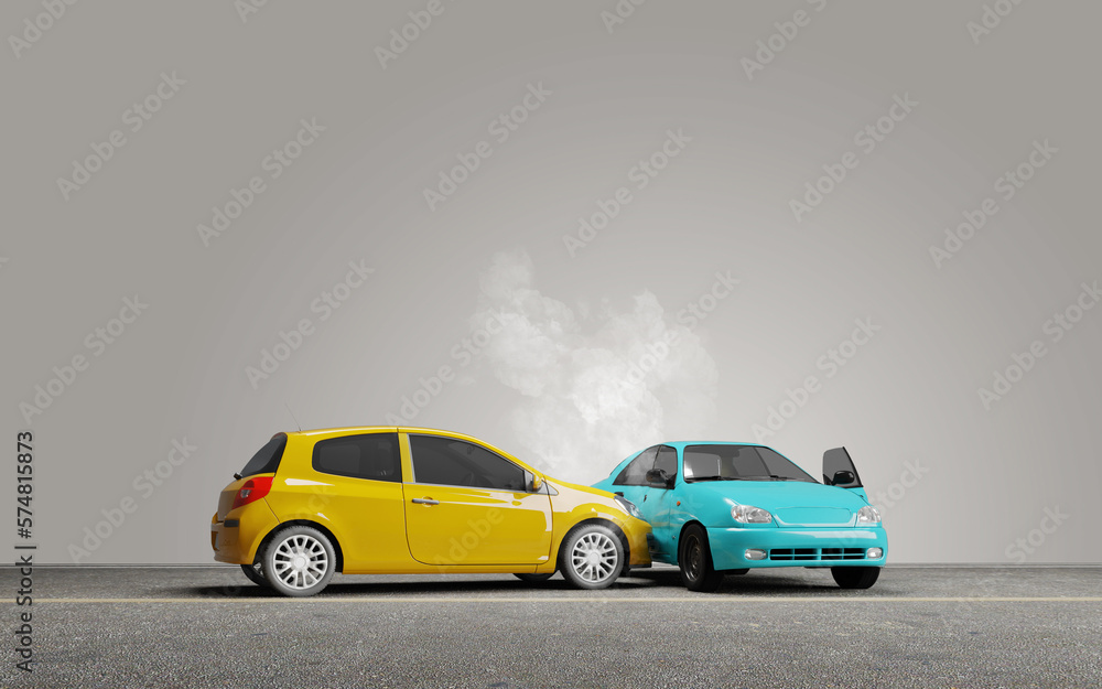 Two cars crash in accident.Concept for insurance.3d rendering