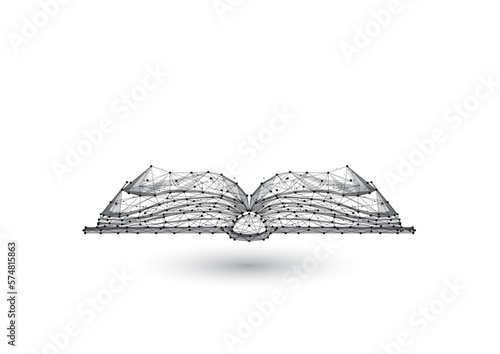 Abstract low polygonal open book made of black lines and dots isolated on white background.