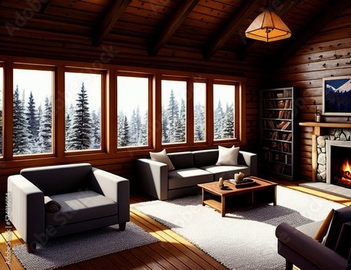 living room of a modern cabin with snow topped trees on the outside