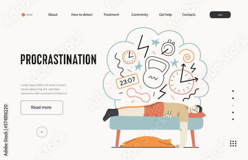Mental disorders web template. Procrastination - modern flat vector illustration of man suffering under the weight of problems and obligations. People emotional, psychological, mental traumas concept