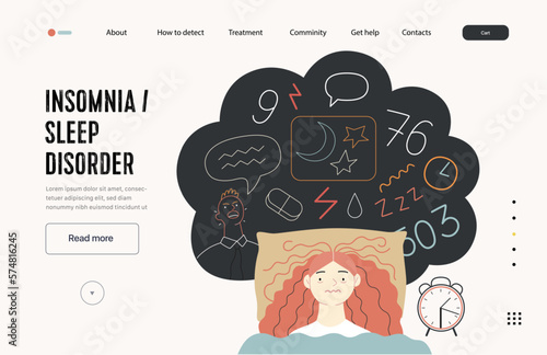 Mental disorders web template. Insomnia, sleep disorder - modern flat vector illustration of a woman meeting with a sleep disorder trying to fall asleep. People emotional, psychological, mental