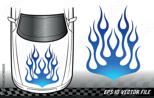 Blue fire flames electric racing car decal vector art graphic. Tribal flame electric sports car bonnet vinyl decal. Hood decoration for cars, auto, truck, boat, suv and motorcycle tank.
