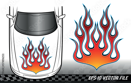 Fire flames racing car decal vector art graphic. Tribal bonnet flame sports car vinyl decal. Hood decoration for cars, auto, truck, boat, suv and motorcycle tank.