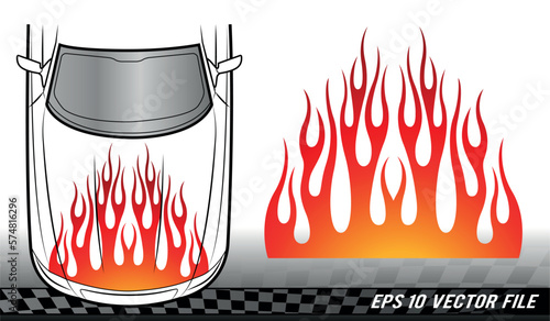 Sports car hood flame decal vinyl sticker graphic. Racing car tribal fire flames vector eps file. Vehicle decoration for car top, hood, bonnet.