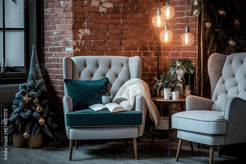 Red brick wall and old seats in room. Floor lamp-lit living room. Christmas idea. Old armchair pillows. Loft-style living room. Generative AI