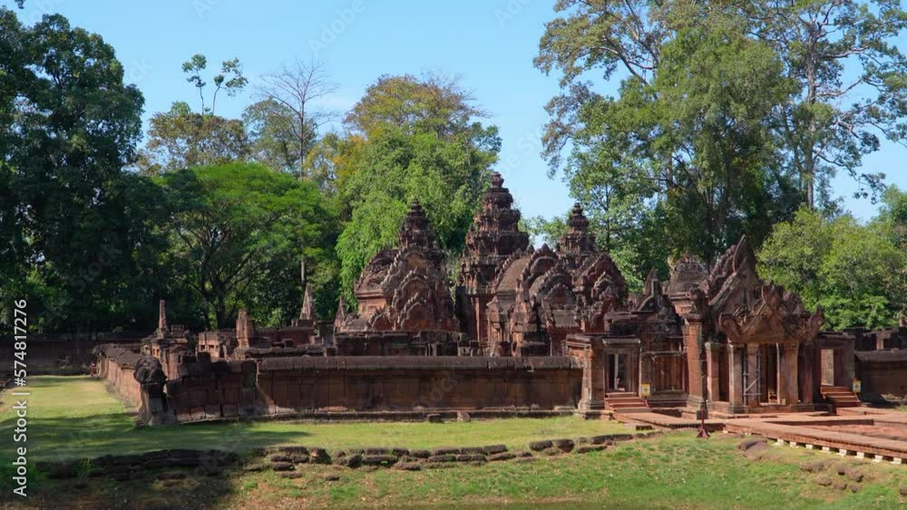 Mysterious Ancient ruins Banteay Srei temple - famous Cambodian landmark, Angkor Wat complex of temples. Siem Reap, Cambodia. Mysterious Ancient ruins Banteay Srei temple - famous Cambodian landmark, Angkor Wat complex of temples. Siem Reap, Cambodia.