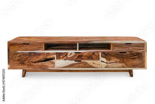 Television table made of teak wood with a natural finish on a white background