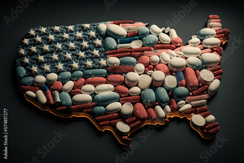 Pills drugs, and medication in the shape of the United States of America photo