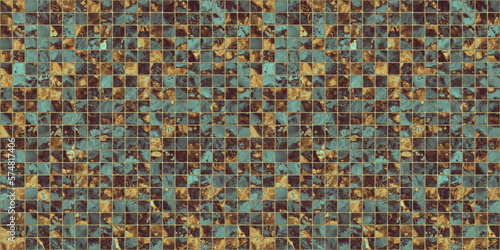 Seamless copper patina green colored broken and cracked tiles grunge background texture. Vintage antique weathered and worn rusted bronze or brass abstract craquelure mosaic pattern. 3D rendering.