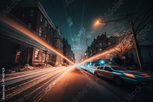 Long-exposure shot of cityscape at night with streaks of light from cars and streetlamps, concept of Time-lapse Photography and Urban Landscape, created with Generative AI technology