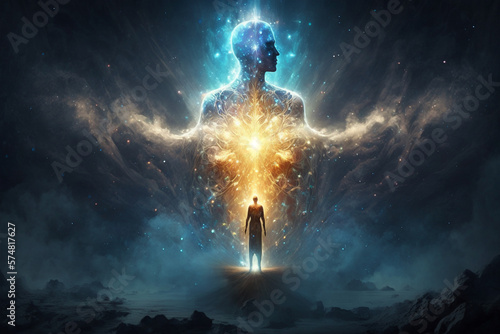 Concept of meditation and spiritual practice, expanding of consciousness, chakras and astral body activation, mystical inspiration image, generative ai photo