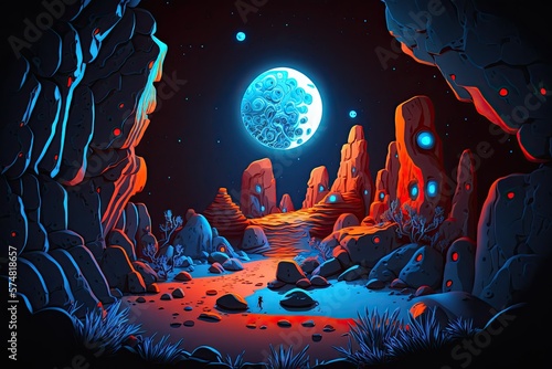 Wallpaper Mural Abstract rocky alien planet scenery. Neon blue light emanates from the inside of the craters and stones that dot the red desert landscape in space. illustration of a cartoon character. Generative AI Torontodigital.ca