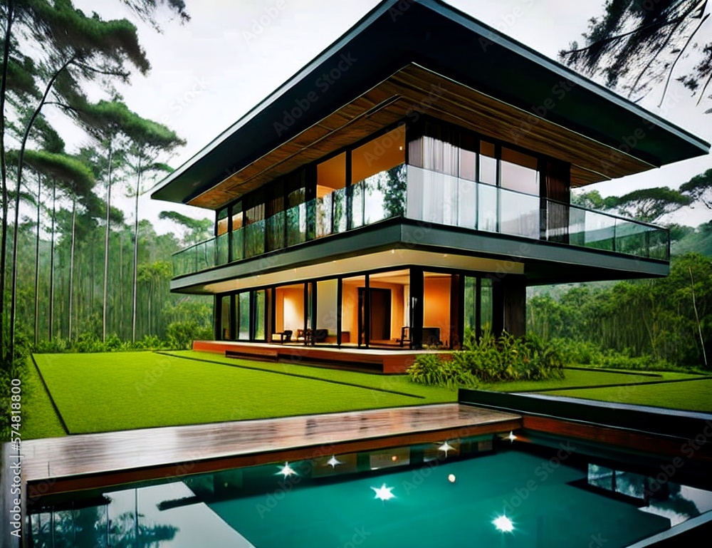 a modern mansion with big glass windows and a pool a modern mansion with big glass windows and a pool