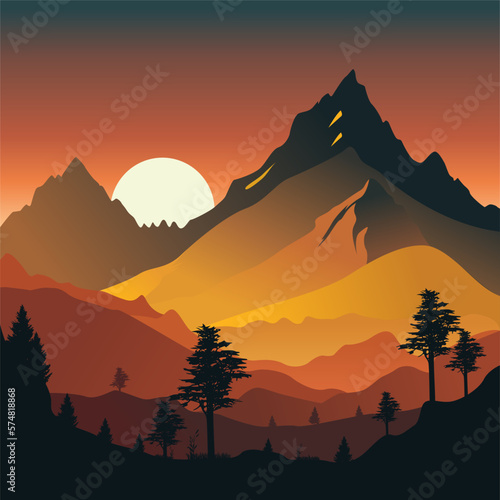 Mountains silhouette landscape with the sun between two mountains. Outdoor adventure travel concept. Mountain poster design template. Vector illustration