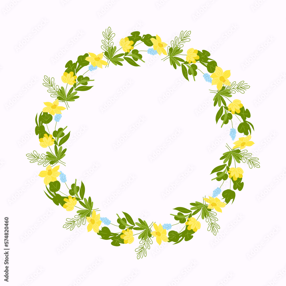 Round frame of spring flowers and twigs. Vector flat illustration. Wedding card decoration. Greeting card. White background. Round frame of spring flowers and twigs. Vector flat illustration. Wedding card decoration. Greeting card. White background.