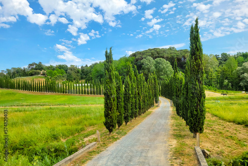 Fotografia A long driveway lined with Cypress trees leading to a hillside ranch with village and horses in the Tuscan countryside near San Gimignano, Italy
