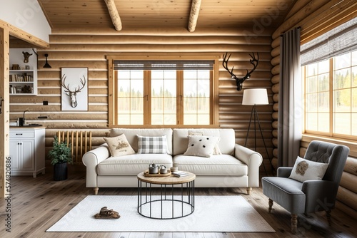 Log cabin living rooms are white and beige. windows, carpet, fabric sofa. Farmhouse interior, frame mockup. Generative AI © 2rogan
