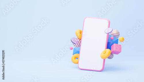 Fototapeta Naklejka Na Ścianę i Meble -  A mockup of a mobile phone with abstract shapes. A bright banner for the website and social networks. 3d rendering illustration.