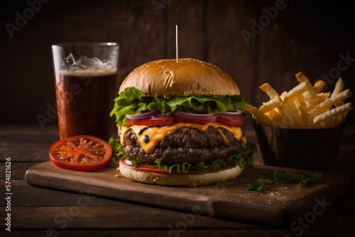 American classic hamburger and fries on a wooden table, generative AI