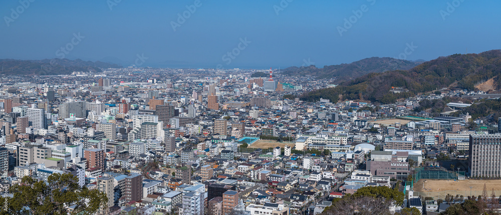 日本　愛媛県松山市の松山城の大天守から望む市街地