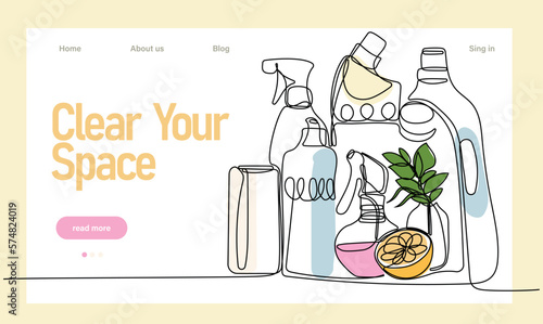 Home cleaning service landing page design concept, illustration of janitors with cleaning tools. Vector illustration