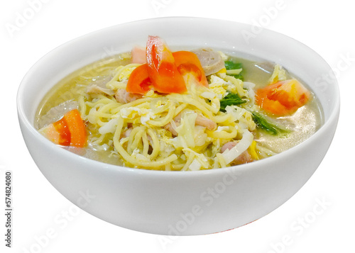 Traditional Indonesian Food called mi godok,  boiled noodles in a bowl with vegetables. PNG