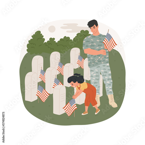 Commemorate veterans isolated cartoon vector illustration. Little girl with father honoring the military veterans, Remembrance day celebration, place flags on a gravestone vector cartoon.