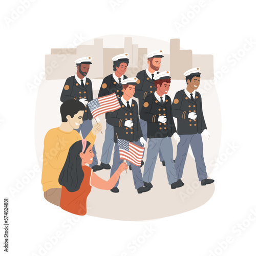 Attend a parade isolated cartoon vector illustration. People holding USA flags in hands for Remembrance day, public holiday, watching the festive parade, patriotic spirit vector cartoon.