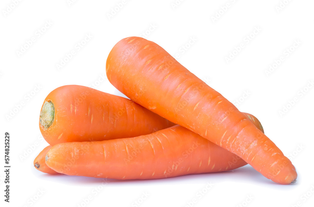 Three fresh orange carrots isolated with clipping path and shadow in png file format, Close up of healthy vegetable root with full focus Three fresh orange carrots isolated with clipping path and shadow in png file format, Close up of healthy vegetable root with full focus