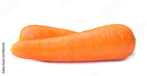 Two fresh orange carrots isolated with clipping path and shadow in png file format, Close up of healthy vegetable root with full focus