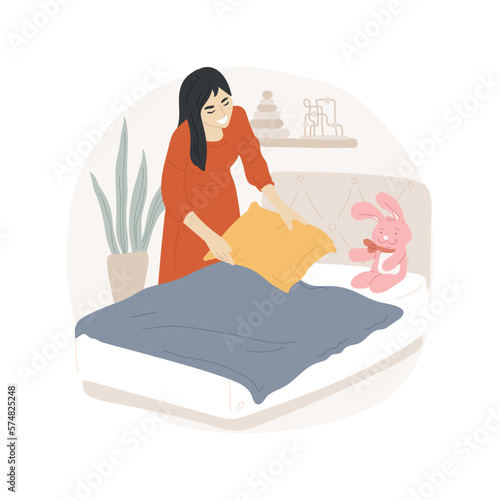 Making bed isolated cartoon vector illustration. Smiling mom fixing pillows, making bed for child, bedtime chores, kid sleep hygiene, put warm blanket, bedroom preparation vector cartoon.