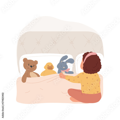 Putting to bed stuffed toys isolated cartoon vector illustration. Little girl puts her toys to bed, happy childhood, childs ritual before sleep, family lifestyle, kids habit vector cartoon.