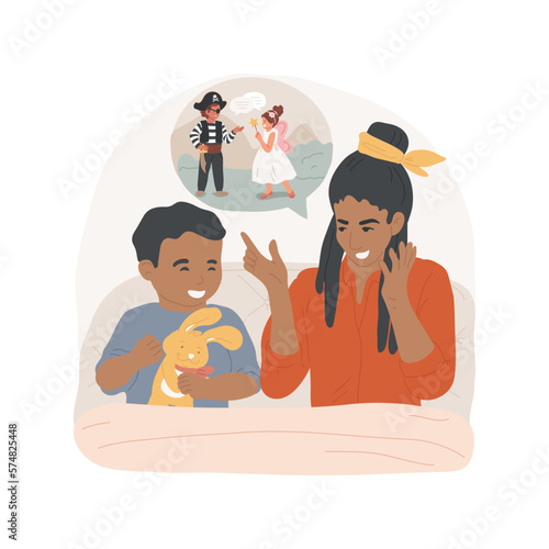 Bedtime story isolated cartoon vector illustration. Parents tells their child fairy tale, listen bedtime story, family lifestyle, kids sleep habit, happy childhood, parenting vector cartoon.