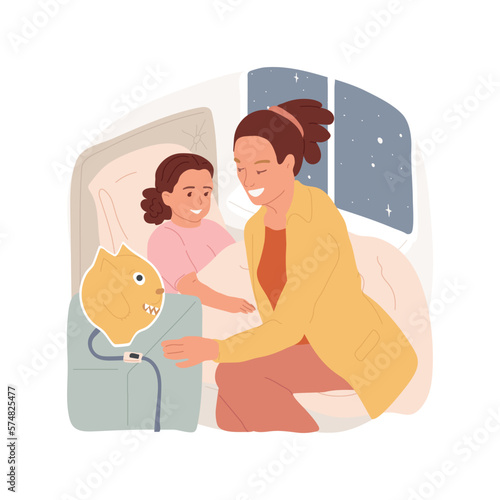 Turn on the night light isolated cartoon vector illustration. Smiling mom turns on the night light, kids bedtime habit, happy childhood, family lifestyle, child sleep ritual vector cartoon.