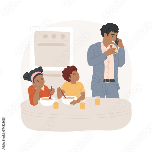 Failing to eat together isolated cartoon vector illustration. Busy father with a phone, eating on the go, sad kids, lack of parental attention, family unhealthy lifestyle vector cartoon.