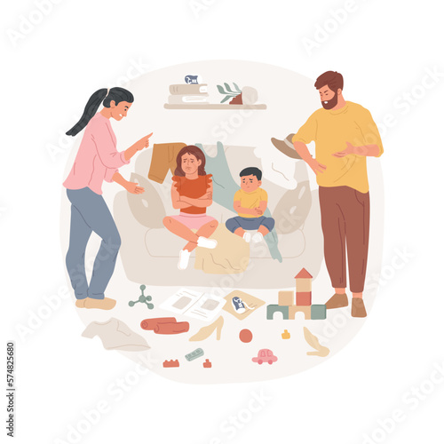 Cluttering the house isolated cartoon vector illustration. Parents are angry about messy home, pile of clothes on sofa, toys scattered, unhealthy lifestyle, family problems vector cartoon.