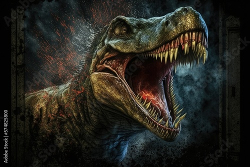 Roaring pirate t rex dinosaur scares guests at Halloween bash. Generative AI © 2rogan