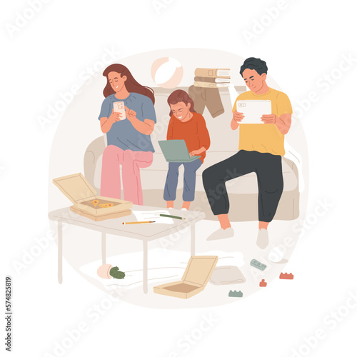 Home chaos isolated cartoon vector illustration. Family members overusing gadgets, adults bad habits, pizza boxes on the table, unhealthy lifestyle, untidy room, mess in a house vector cartoon.