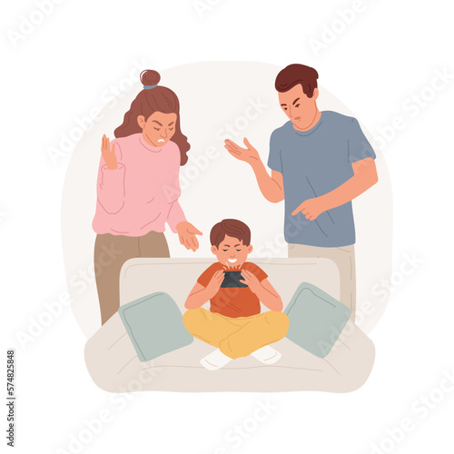 Children smartphone addiction isolated cartoon vector illustration. Little boy looking at mobile phone screen, angry parents, digital addiction, kids bad habits, overload vector cartoon.