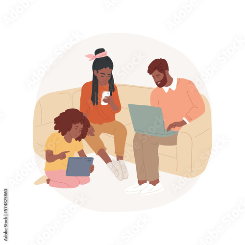 Family screen time isolated cartoon vector illustration. Family members looking at smartphone screens, lack of social communication, unhealthy lifestyle, digital addiction vector cartoon.