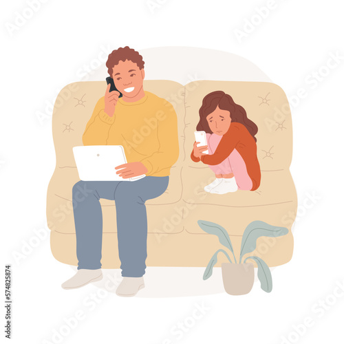 Parents working at home isolated cartoon vector illustration. Busy father on the phone for work, kid feeling lonely and using smartphone, lack of parental attention vector cartoon.