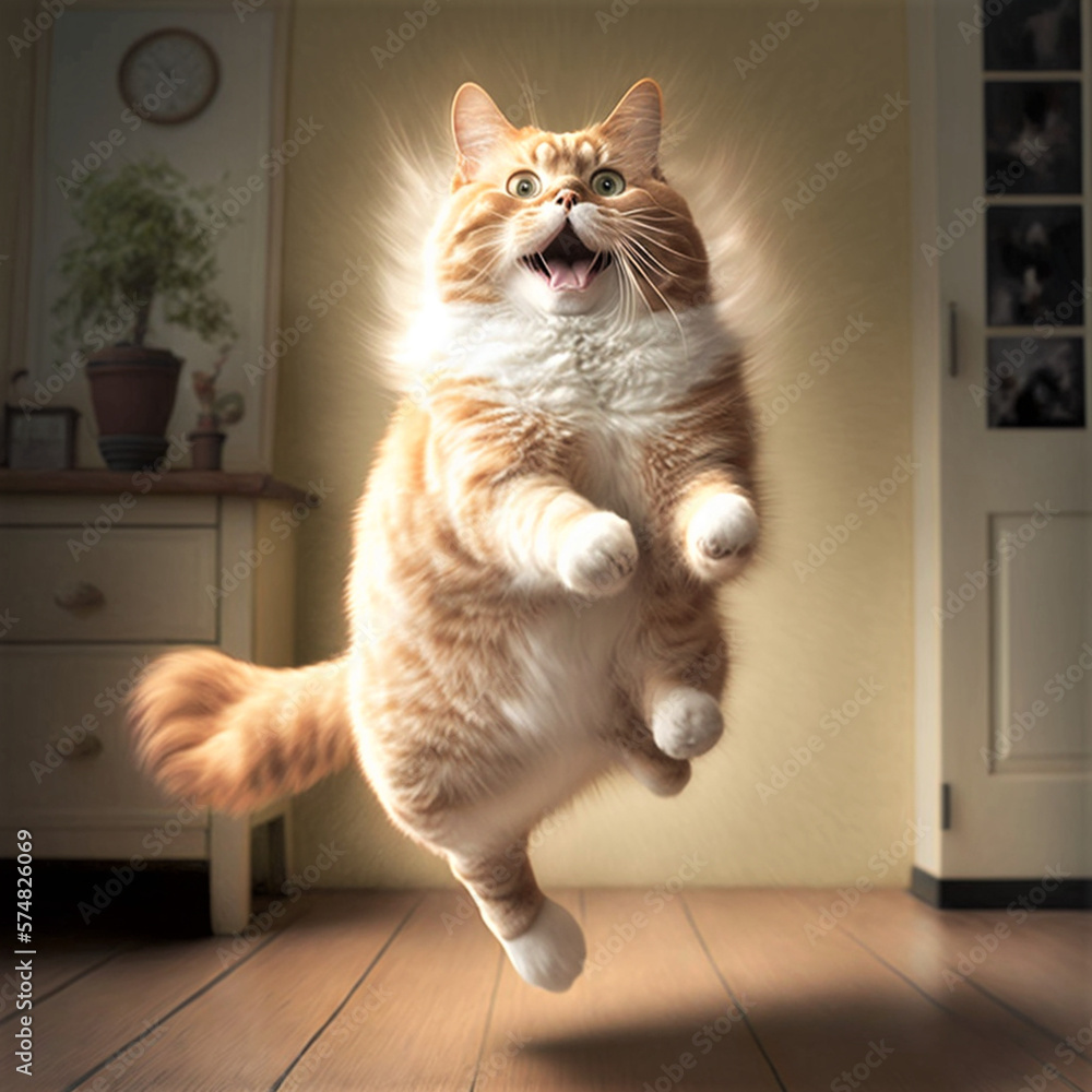 a happy cat jumping in the middle of the kitchen hallway