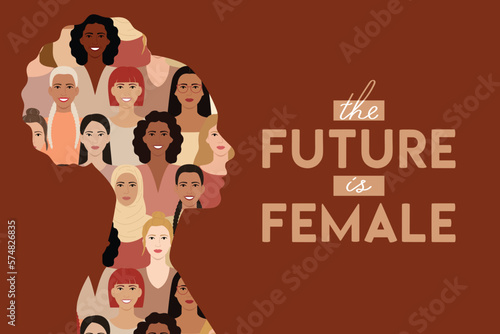 Woman face silhouette in profile with portraits of multicultural and multiethnic women faces inside. The future is female. Woman empowerment, girl power, feminism, sisterhood concept.