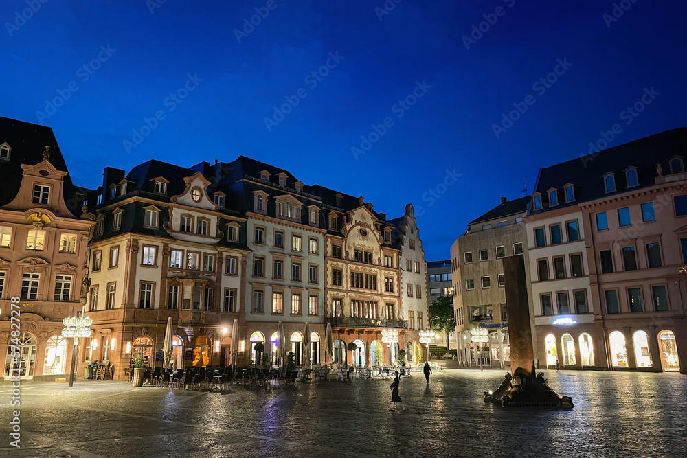 Facade of market houses and square in Mainz, Germany