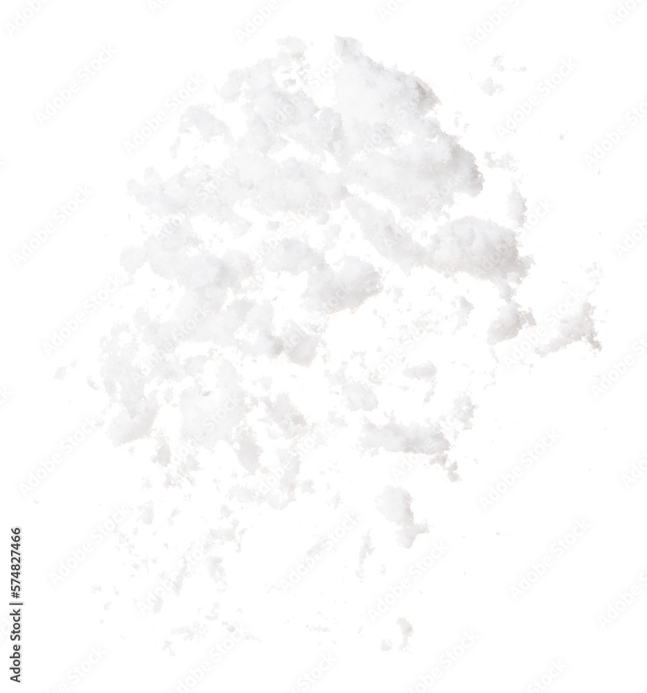 Photo image of falling down snow, heavy big small size snows. Freeze shot on white background isolated overlay. Fluffy White snowflakes splash cloud in mid air. Real Snow high speed shutter