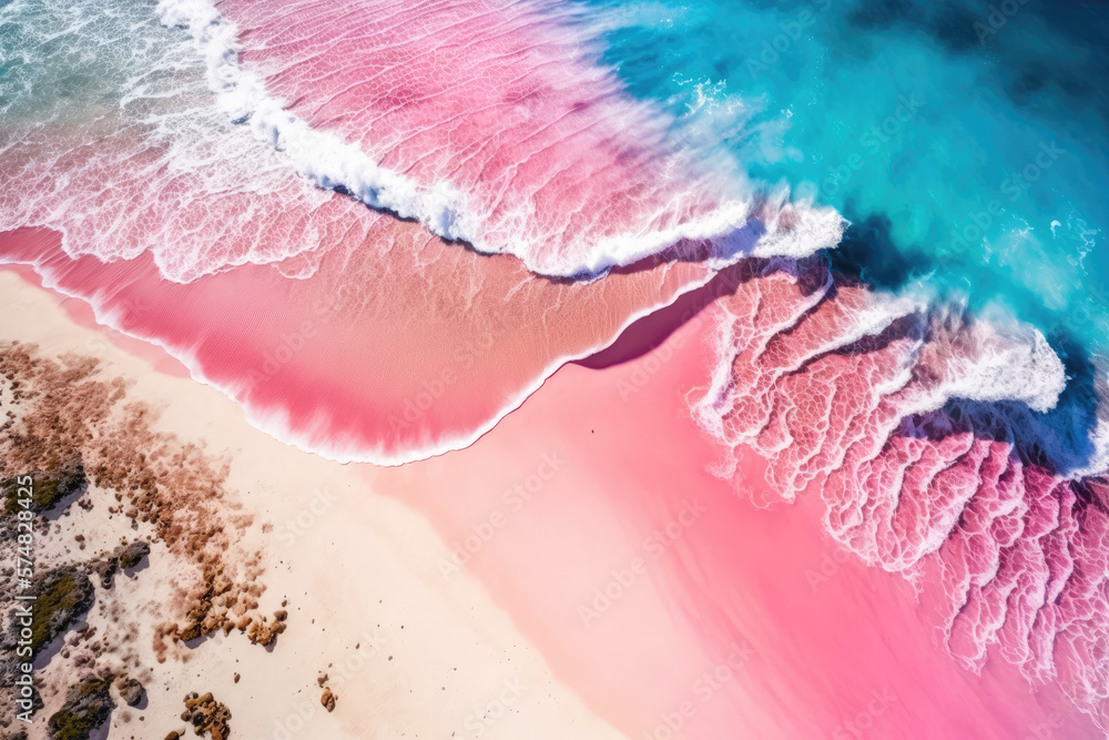 aerial view of a spectacular pink beach with waves. Generative AI - obrazy, fototapety, plakaty 