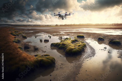 Airborne drone in salt marshes at low tide reveal mud flats and streams. Generative AI photo