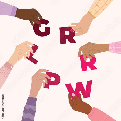 Girl power poster. Female hands hold world grl pwr. Woman empowerment, girl power, fight for gender equality, feminism, sisterhood concept. Hand drawn vector illustration.
